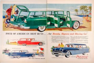 1956 Pontiac Double Page Vintage Print Advertisement Station Wagons Retro