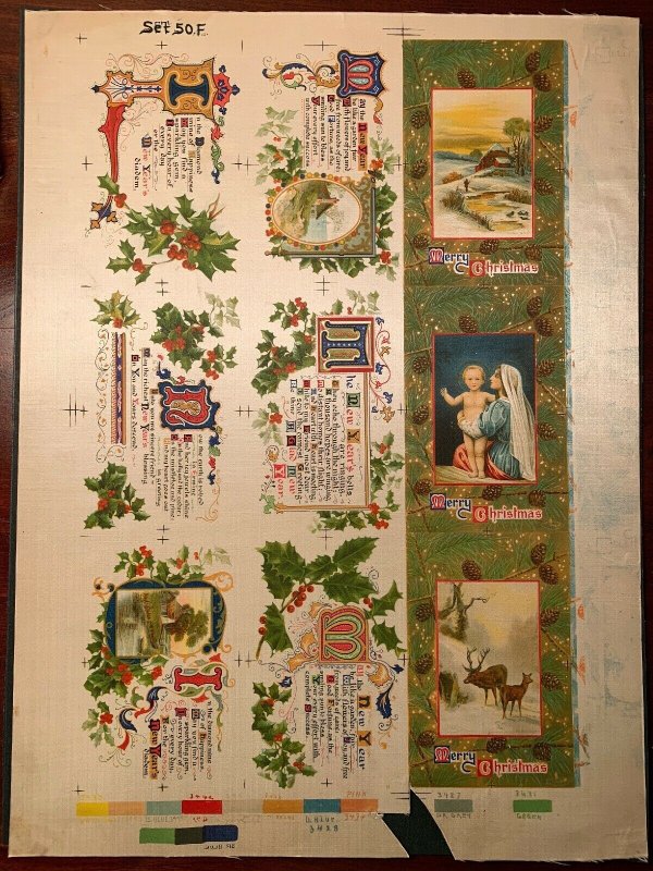 Antique 1910s Christmas Postcard Artwork Proof Sheet Uncut On Silk RARE