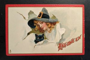 Mint Vintage Black Cats and Young Witch Embossed Illustrated Halloween Postcard
