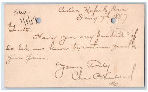 1887 Chas Hubbard Give Price Cedar Rapids Clinton Iowa IA Postal Card