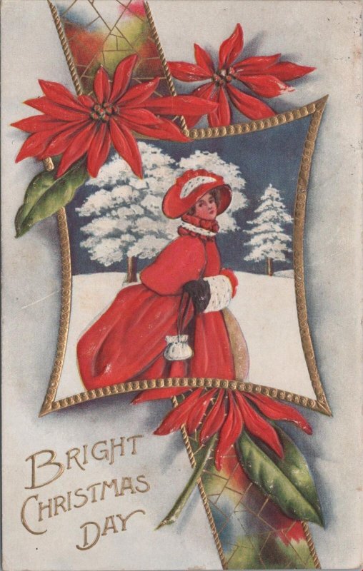 Postcard Bright Christmas Day Woman Red Dress + Hat With Muff