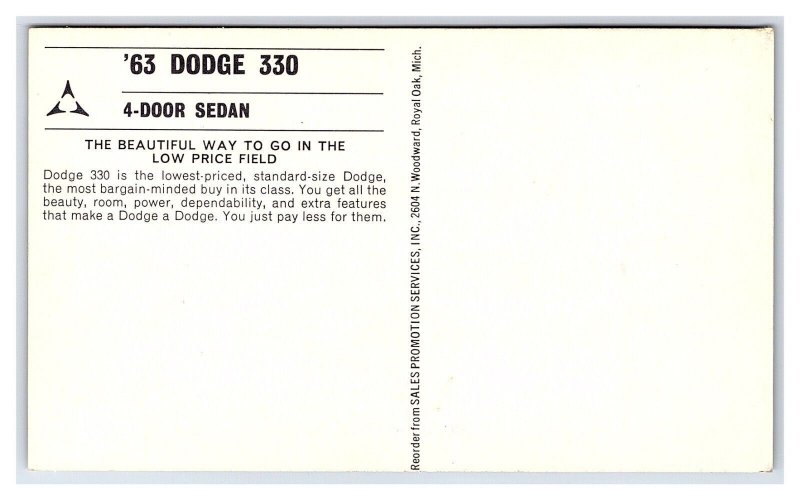 Postcard 1963 Dodge Dart 330 4-Door Sedan Dealer Advertising Card