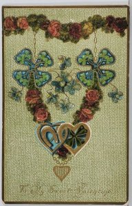 Valentine Greeting Golden Heart Necklace Beaded Roses Postcard Q10