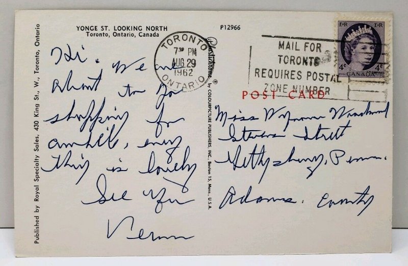 Ontario Canada Yonge St Looking North Postcard D2