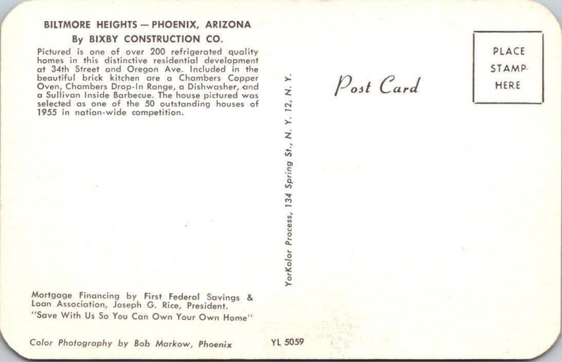 Phoenix, Arizona  BILTMORE HEIGHTS HOMES~Bixby Construction Advertising Postcard