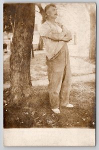 RPPC Barefoot Farmer In Overalls At Tree Real Photo c1910 Postcard B41