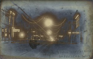 PC CPA US, WIS, SHEBOYGAN, 8TH STREET AT NIGHT, REAL PHOTO POSTCARD (b15641)