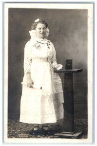 c1910's Woman Studio Christian Confirmation Religious RPPC Photo Postcard