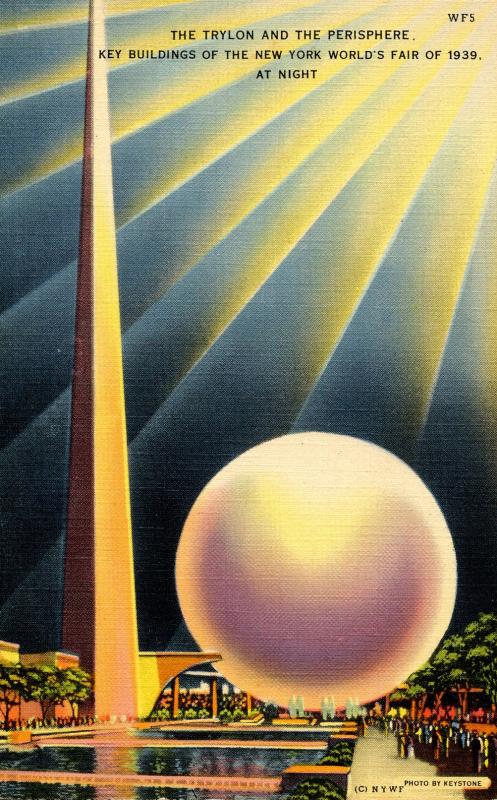 NY - 1939 New York World's Fair. Trylon & Perisphere at Night