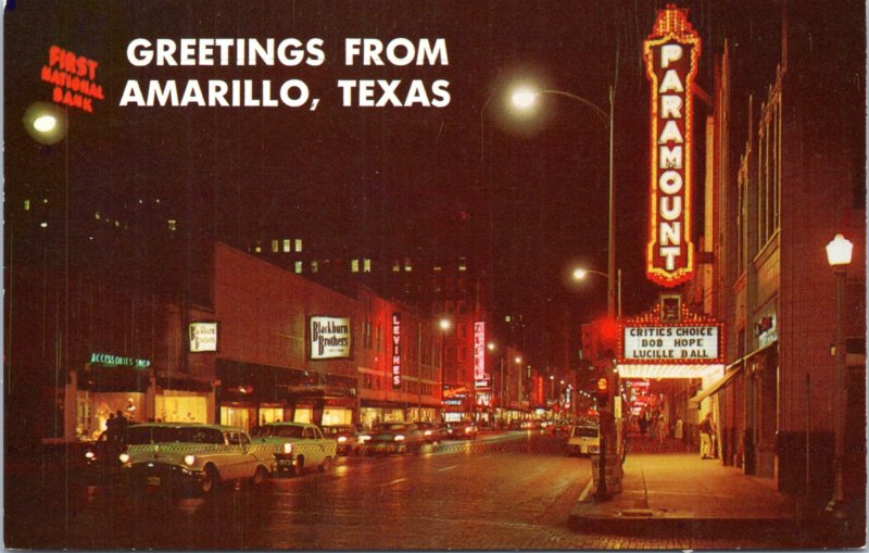 Postcard TX Amarillo - Polk Street night Paramount Theatre Critics Choice