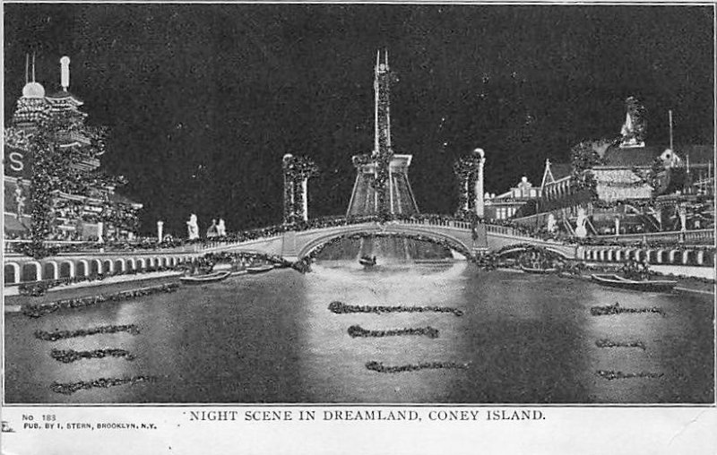 Night Scene in Dreamland Coney Island, NY, USA Amusement Park Unused crease r...