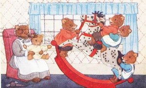 Teddy Bear Bears Playing On The Toy Rocking Horse Party Antique Postcard