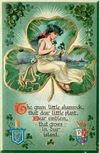 Embossed Tuck St Patricks Day Postcard Erin Go Bragh 177 Woman in Shamrock