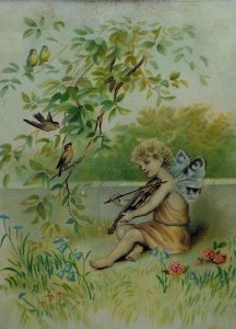 1870's-80's Victorian Trade Card Fairy Playing Violin Meadow Birds Flowers *K