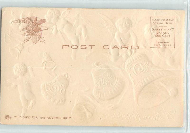 Embossed Christmas Postcard Angels Dancing Ringing Bells Glitter Undivided Back