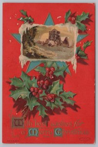 Holiday~Christmas~Holly Berries~Icicle Border~Gold Leaf~Vintage Postcard