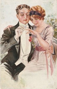 Couple. Romance. The commitment Old vintage Italian, artist drawn postcard