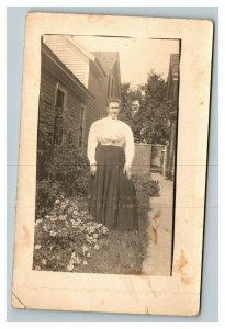 Vintage 1910's RPPC Postcard - Portrait Woman in Her Garden - Suburbia