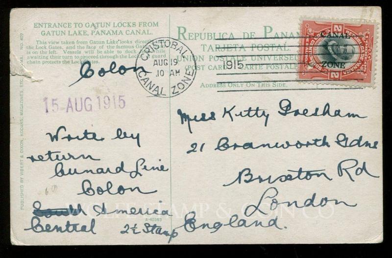 1915  Postcard Entrance to Gatun Lacks from Gatun Lake Canal Zone Stamp B4042