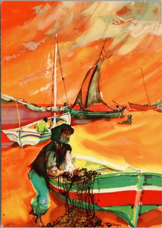 Old Man fishing net artist signed Scandinavian Airlines ad Portugal 1950s-60s