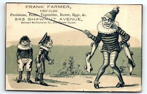 c1880 BOSTON MA FRANK FARMER PROVISIONS FRUITS EGGS UGLY CLOWN TRADE CARD P1926