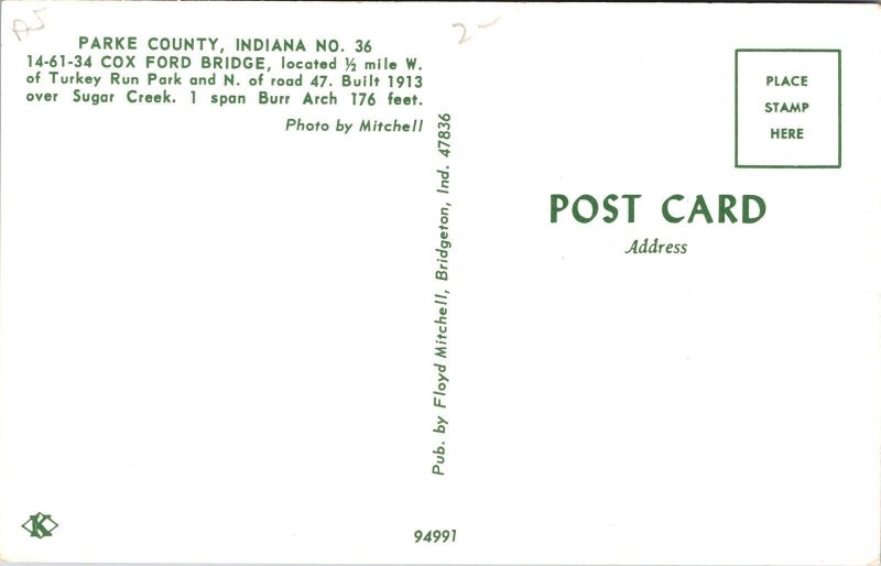 Historic Cox Ford Bridge Sugar Creek Parke County Indiana Chrome Postcard 