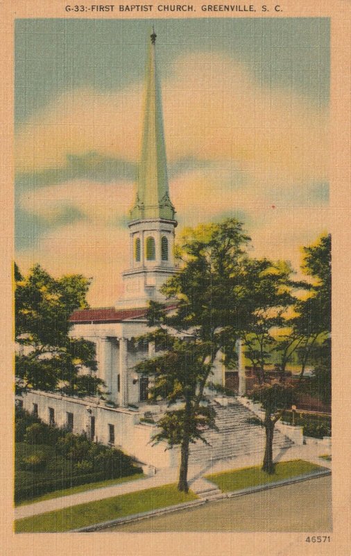 VINTAGE POSTCARD FIRST BAPTIST CHURCH GREENVILLE SOUTH CAROLINA LINEN