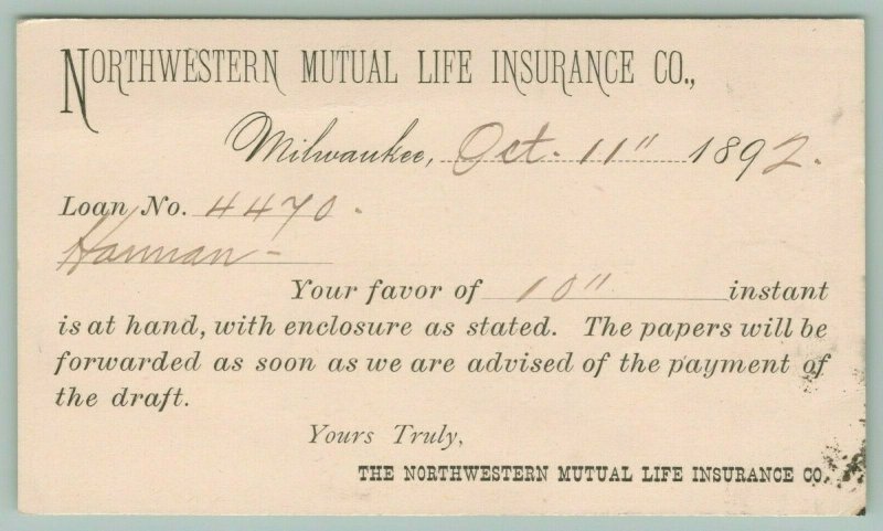 Milwaukee Wisconsin~N.W. Mutual Life Insurance Co~Hamman~Loan Approval~Oct 1192