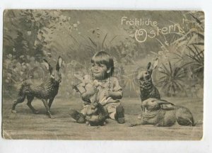 3127355 EASTER Little Girl w/ RABBITS Toys Vintage Photo PC