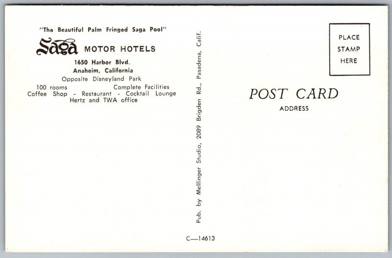 Vtg Anaheim California CA Saga Motor Hotel Beautiful Palm Fringed Pool Postcard
