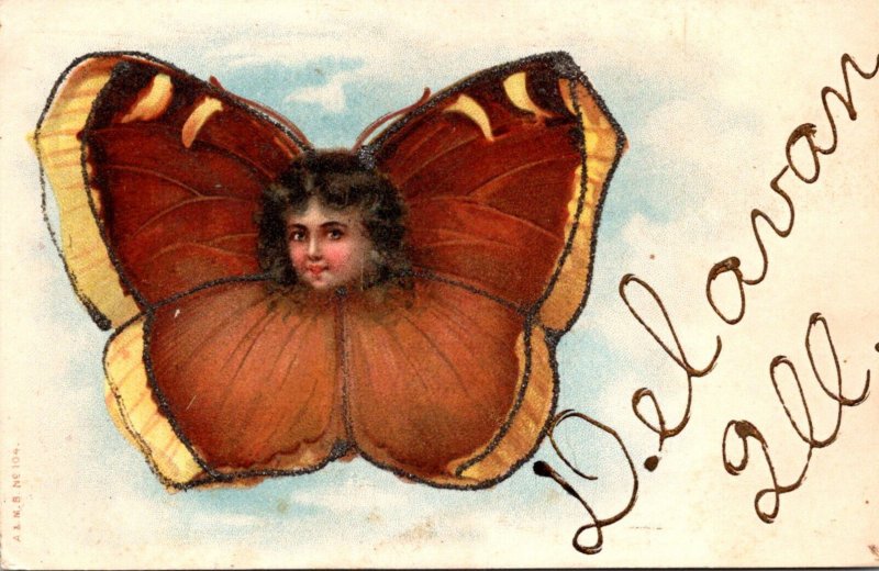 Illinois Delavan Greetings Butterfly With Girls Face 1907