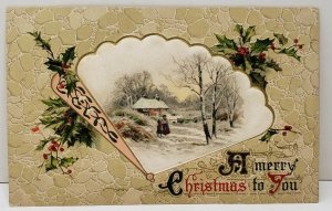 Christmas Embossed Silk & Gilded Fan Country Snow Scene Vintage Postcard C2