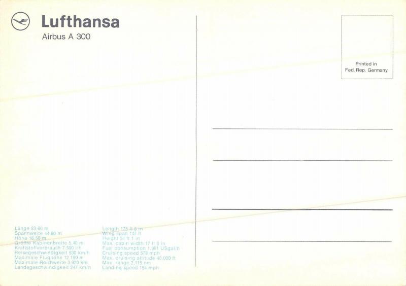 Lufthansa Airbus A 300 in Flight Vintage Postcard (J31881)