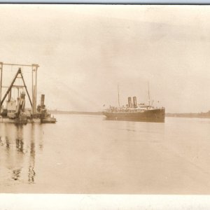 c1910s Steamship in River RPPC Steam Dredge Steamer Tug Real Photo Postcard A125