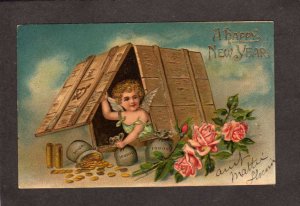 A Happy New Year Greetings Postcard Pots of Gold Roses Some Yellowing of Card