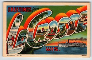 Greetings From La Crosse Wisconsin Large Letter Postcard Curt Teich Steam Boat