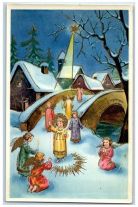 c1930's Christmas Angels In Winter Bridge Gel Gold Gilt Italy Antique Postcard