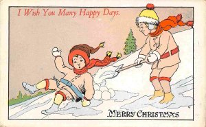 Merry Christmas Wish Many Happy Days Snowball Play 1910c postcard