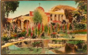 Vtg San Juan Capistrano Mission Garden California CA Hand Colored Postcard