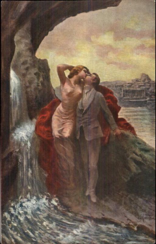 Ethereal Romance Semi-Nude Woman Embraced by Man on Ocean Rocks