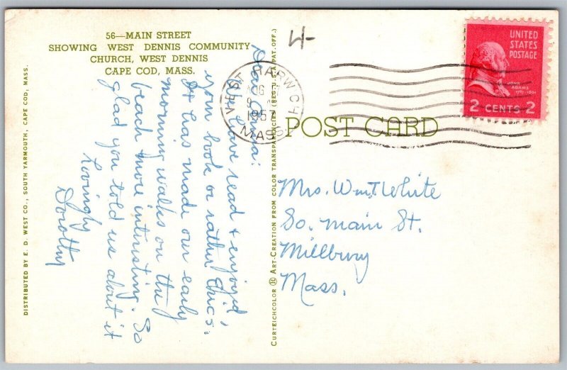 Vtg Cape Cod MA Main Street View West Dennis Community Church 1950s Postcard United States