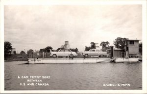 Real Photo Postcard 6 Car Ferry Boat Between U.S. and Canada Baudette, Minnesota