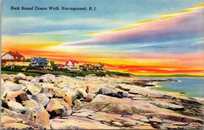 Vtg Narragansett Rhode Island RI Rock Bound Ocean Walk Homes 1940s Postcard