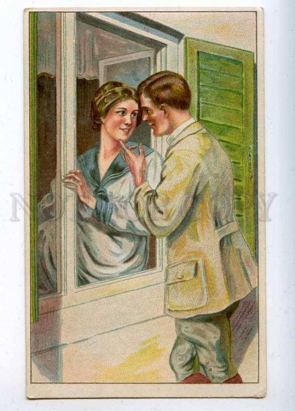 202903 Lovers in Window before Kiss Vintage FINLAND #69-5 PC