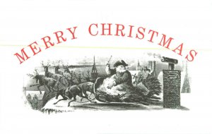 Postcard Santa With Sleigh And Reindeer Over Rooftops Circa 1850 Merry Christmas