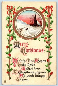 Christmas Postcard Winter Scene Holly Berries Embossed Tuck No. 539 Antique