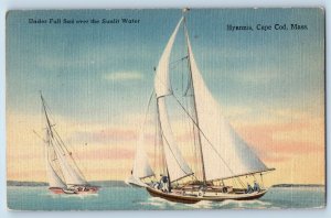 Cape Cod Massachusetts MA Postcard Hyannis Under Full Sail Sunlit Water c1945