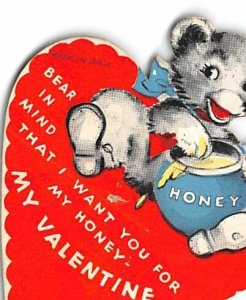 Approx. Size: 3.5 x 4 Bear with honeypot My Valentine Late 1800's Tradecard N...