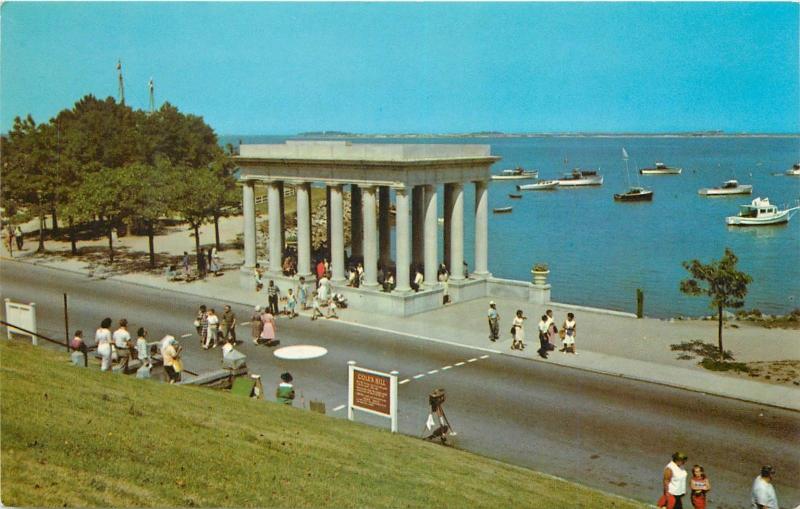 Plymouth Rock Portico Massachusetts MA Plymouth Bay boats Postcard