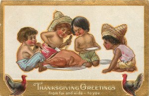 Embossed Postcard Thanksgiving Greetings From Far and Wide Children Eat Ser 10